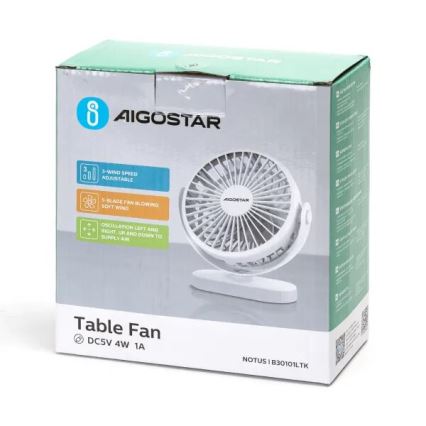 Aigostar - Επαναφορτιζόμενος επιτραπέζιος ανεμιστήρας 4W/5V 1500mAh λευκός