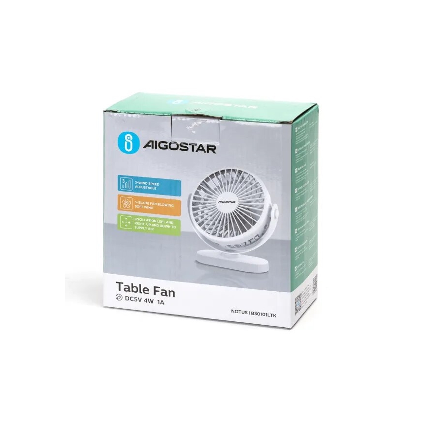 Aigostar - Επαναφορτιζόμενος επιτραπέζιος ανεμιστήρας 4W/5V 1500mAh λευκός