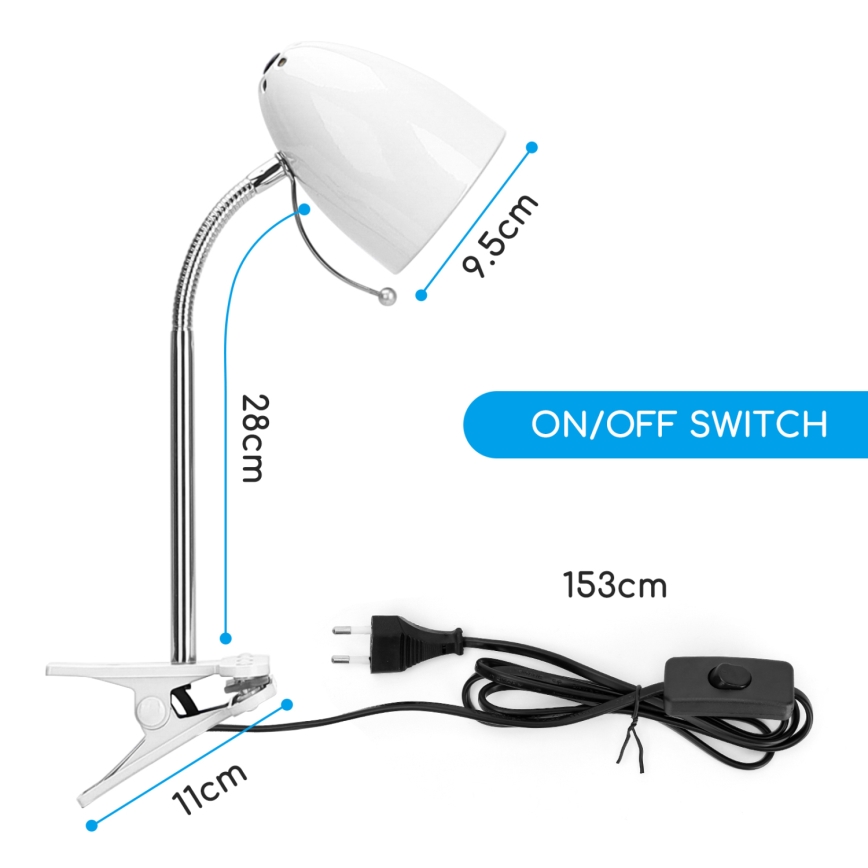 Aigostar - Επιτραπέζιο φωτιστικό με κλιπ 1xE27/11W/230V λευκό/γυαλιστερό χρώμιο