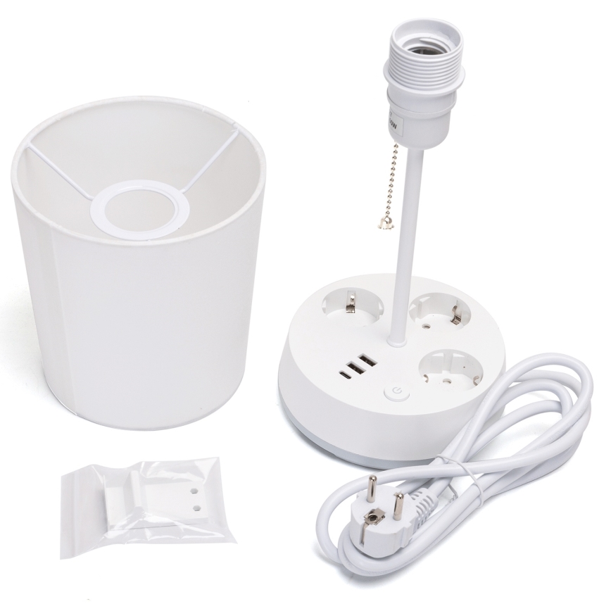 Aigostar - Επιτραπέζιο φωτιστικό με πρίζες και θύρες USB 1xE27/60W/230V λευκό