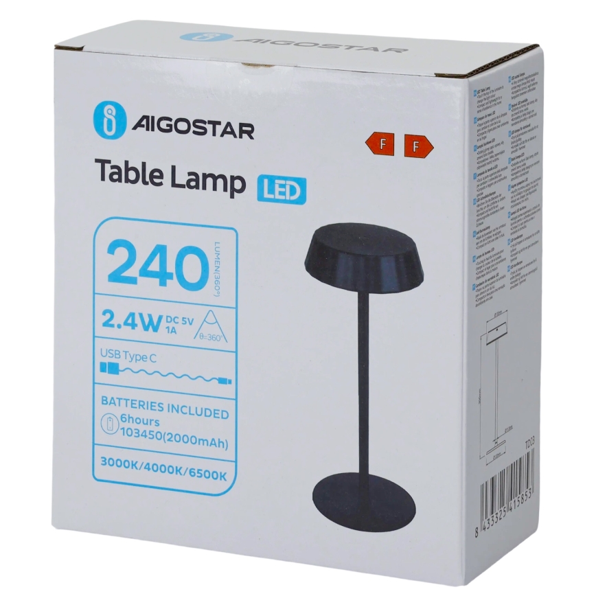 Aigostar - Ρυθμιζόμενη επιτραπέζια LED λάμπα AMBIENT LED/2,4W/5V 3000-6500K μαύρη 2000 mAh