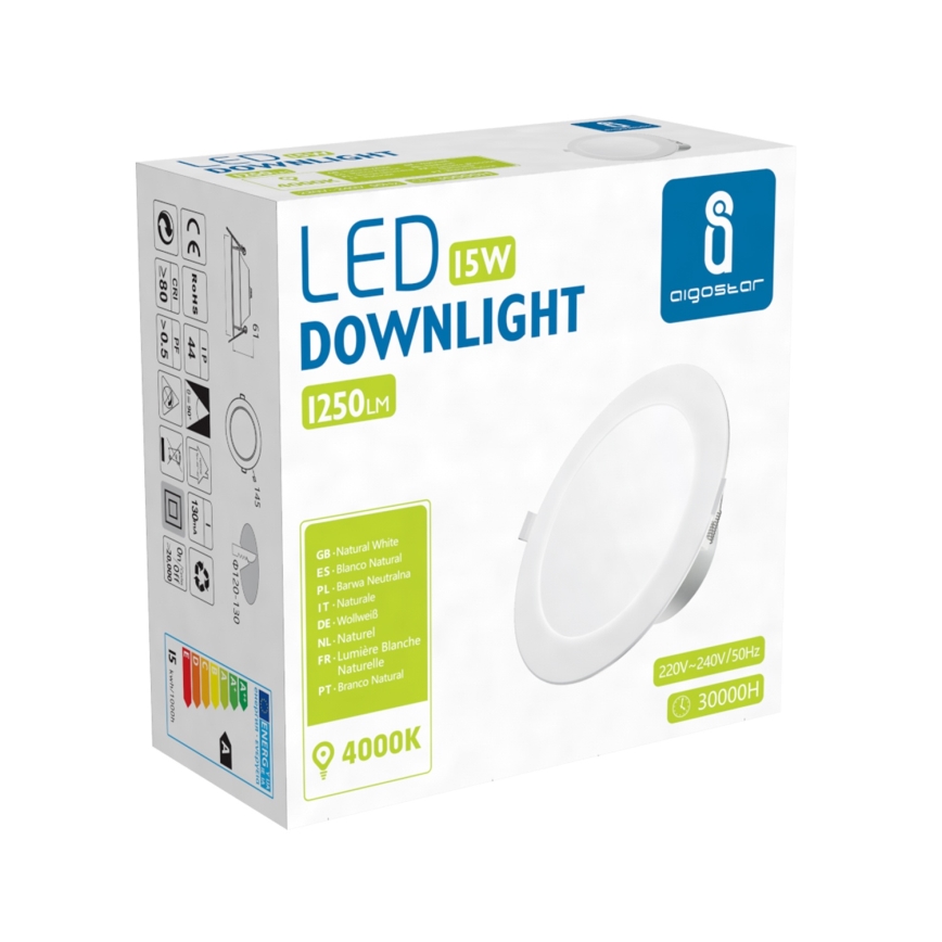 Aigostar - Εντοιχισμένο φωτιστικό οροφής LED για μπάνιο, 15W/230V, 4000K (ουδέτερο λευκό), IP44, διάμ. 14,5 cm, λευκό