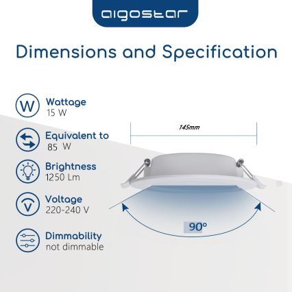 Aigostar - Εντοιχισμένο φωτιστικό οροφής LED για μπάνιο, 15W/230V, 4000K (ουδέτερο λευκό), IP44, διάμ. 14,5 cm, λευκό