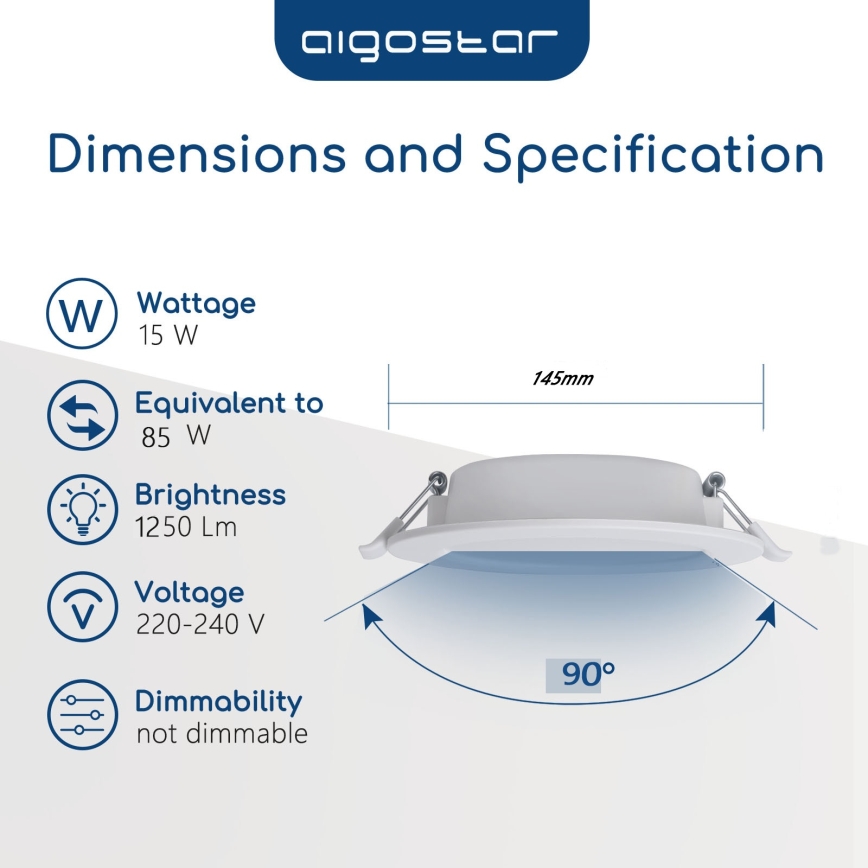 Aigostar - Εντοιχισμένο φωτιστικό οροφής LED για μπάνιο, 15W/230V, 4000K (ουδέτερο λευκό), IP44, διάμ. 14,5 cm, λευκό