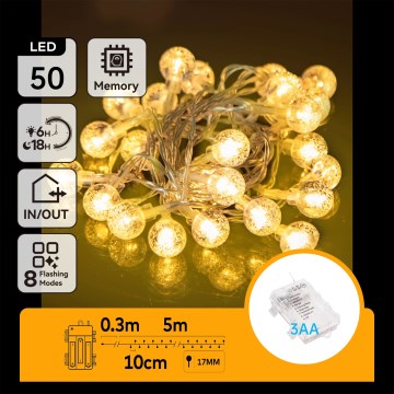 Aigostar - Εξωτερική LED γιρλάντα 50xLED/3xAA/8 λειτουργίες 5,3 m IP44 ζεστό λευκό