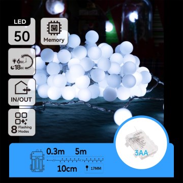 Aigostar - Εξωτερική LED γιρλάντα 50xLED/3xAA/8 λειτουργίες 5,3 m IP44 ψυχρό λευκό