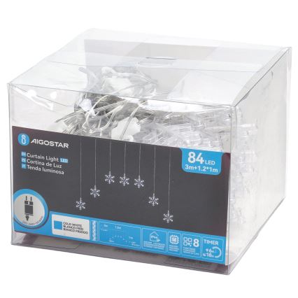 Aigostar - Αλυσίδα LED για εξωτερικούς χώρους 84xLED/8 λειτουργίες 1,2x1m IP44 ψυχρό λευκό με νιφάδες χιονιού
