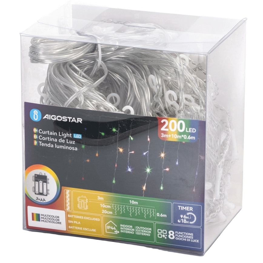Aigostar - LED εξωτερική χριστουγεννιάτικη γιρλάντα 200xLED/8 λειτουργίες 3xAA 13x0,6 m IP44 πολύχρωμη