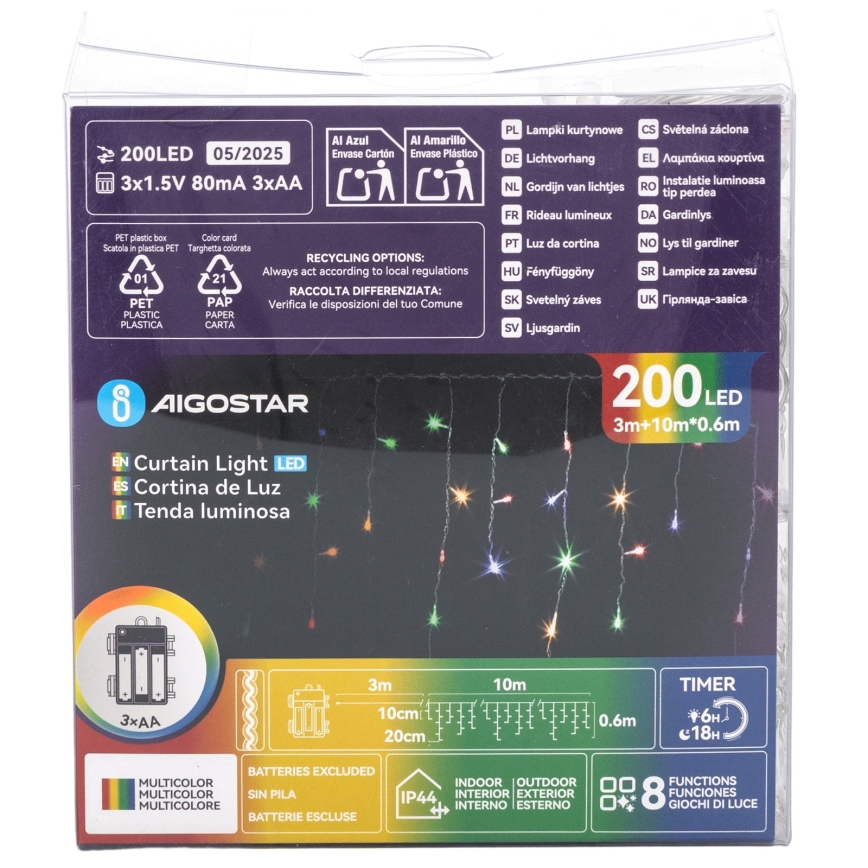 Aigostar - LED εξωτερική χριστουγεννιάτικη γιρλάντα 200xLED/8 λειτουργίες 3xAA 13x0,6 m IP44 πολύχρωμη