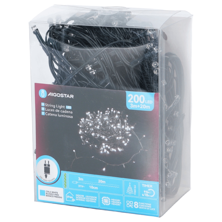 Aigostar - LED γιρλάντα εξωτερικού χώρου 200xLED/8 λειτουργίες 20m IP44 ψυχρό λευκό