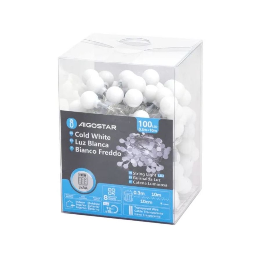 Aigostar - Εξωτερική γιρλάντα LED 100xLED/3xAA/8 λειτουργιών 10,3 m IP44 ψυχρό λευκό