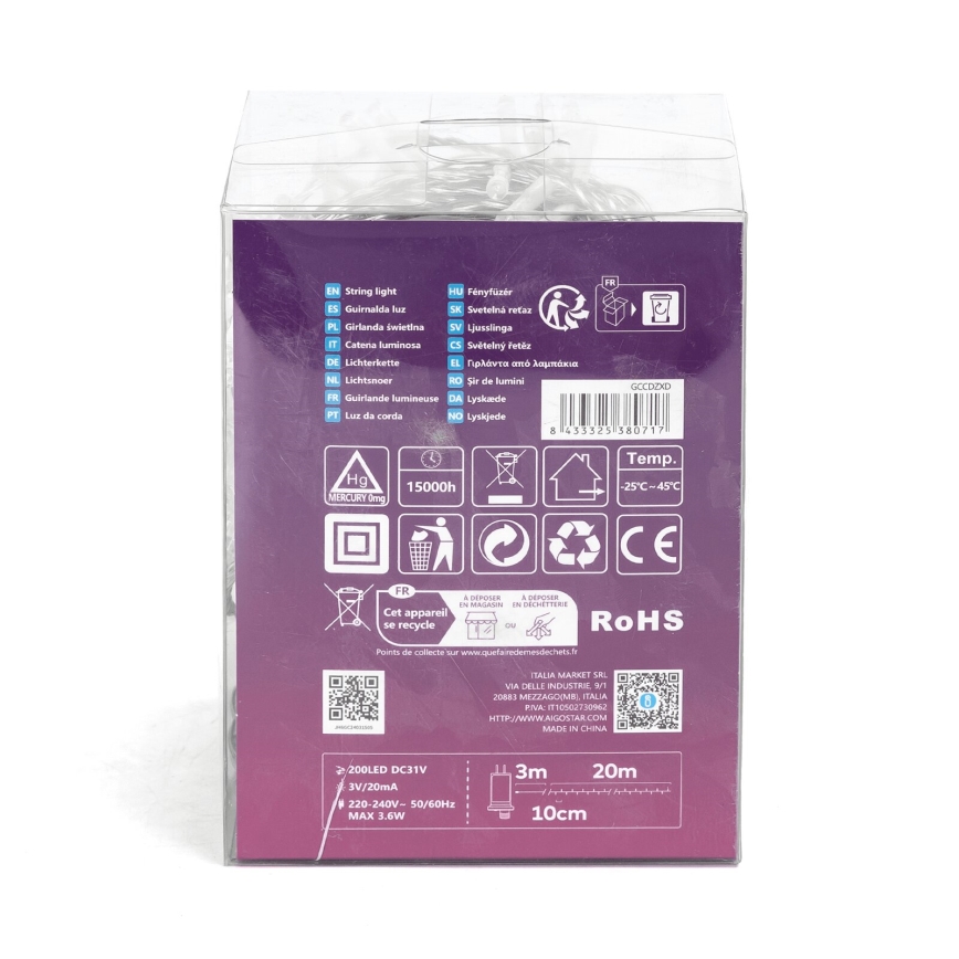 Aigostar - Εξωτερική γιρλάντα LED 200xLED/8 λειτουργίες 23m IP44 ψυχρό λευκό