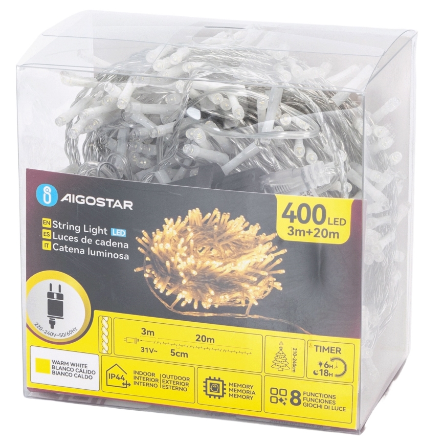 Aigostar - LED εξωτερική γιρλάντα 400 LED/8 λειτουργίες 20 m IP44 θερμό λευκό
