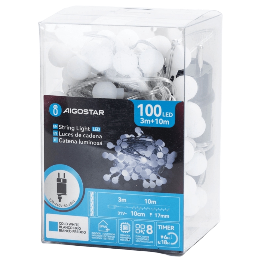 Aigostar - Εξωτερική διακοσμητική γιρλάντα LED 100xLED/8 λειτουργίες 10m IP44 ψυχρό λευκό
