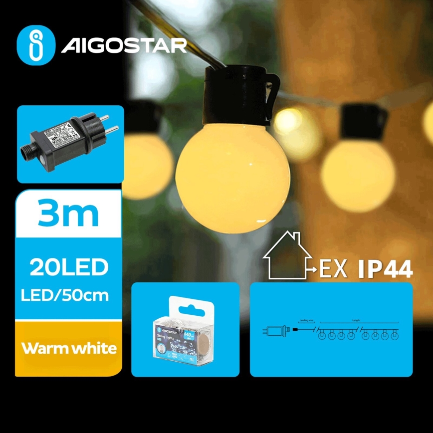 Aigostar - Εξωτερική διακοσμητική γιρλάντα LED 20xLED/3m IP44 θερμό λευκό