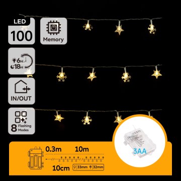 Aigostar - Εξωτερική χριστουγεννιάτικη LED γιρλάντα 100 LED / 8 λειτουργίες, 3xAA, 10 m, IP44, θερμό λευκό, αστέρια