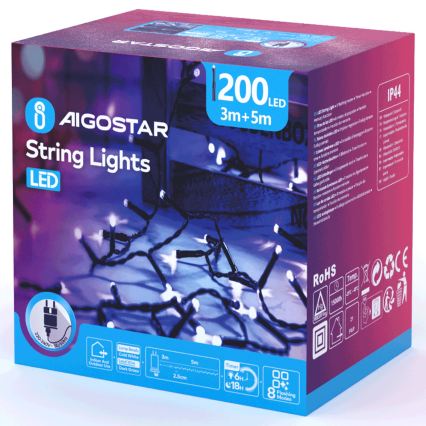 Aigostar - Εξωτερική χριστουγεννιάτικη γιρλάντα 200xLED/8 λειτουργίες 8m IP44 ψυχρό λευκό