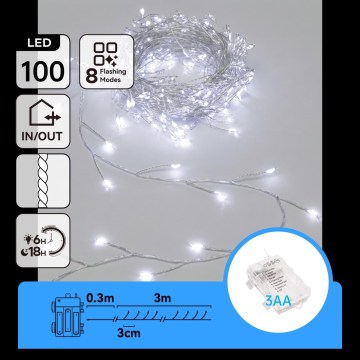 Aigostar - Εξωτερική χριστουγεννιάτικη γιρλάντα LED 100xLED/8 λειτουργίες 3xAA 3,3m IP44 ψυχρό λευκό