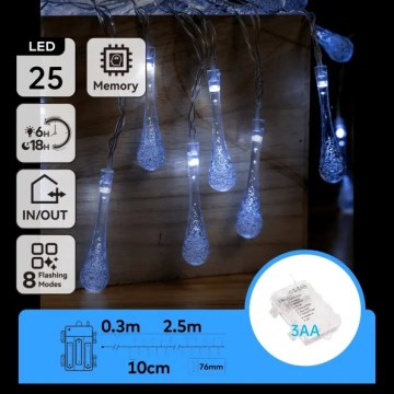 Aigostar - Εξωτερική χριστουγεννιάτικη γιρλάντα LED 25xLED/8 λειτουργίες 3xAA 2,5 m IP44 ψυχρό λευκό σε σχήμα σταγόνας