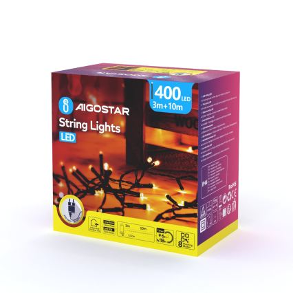 Aigostar - Εξωτερική χριστουγεννιάτικη γιρλάντα LED 400xLED/8 λειτουργίες, 13 m, IP44, ζεστό λευκό