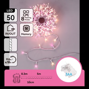 Aigostar - Εξωτερική χριστουγεννιάτικη γιρλάντα LED 50xLED/8 λειτουργίες 3xAA 5,3m IP44 ροζ/θερμό λευκό