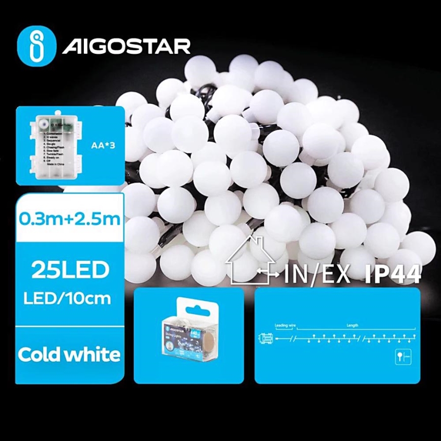 Aigostar - Εξωτερικό χριστουγεννιάτικο φωτιστικό LED με 25 LED/3xAA/8 λειτουργίες 2,8 μ. IP44 ψυχρό λευκό