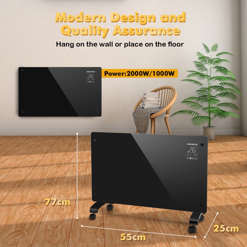 Aigostar - Έξυπνος ηλεκτρικός θερμαντήρας/κονβέκτορας με οθόνη LCD ECO/1000/2000W Wi-Fi