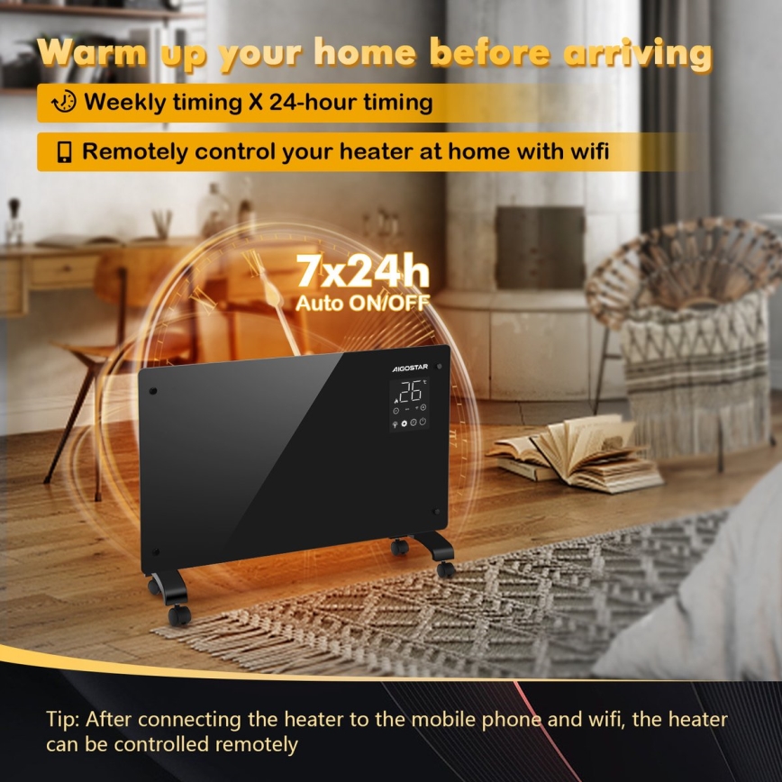 Aigostar - Έξυπνος ηλεκτρικός θερμαντήρας/κονβέκτορας με οθόνη LCD ECO/1000/2000W Wi-Fi