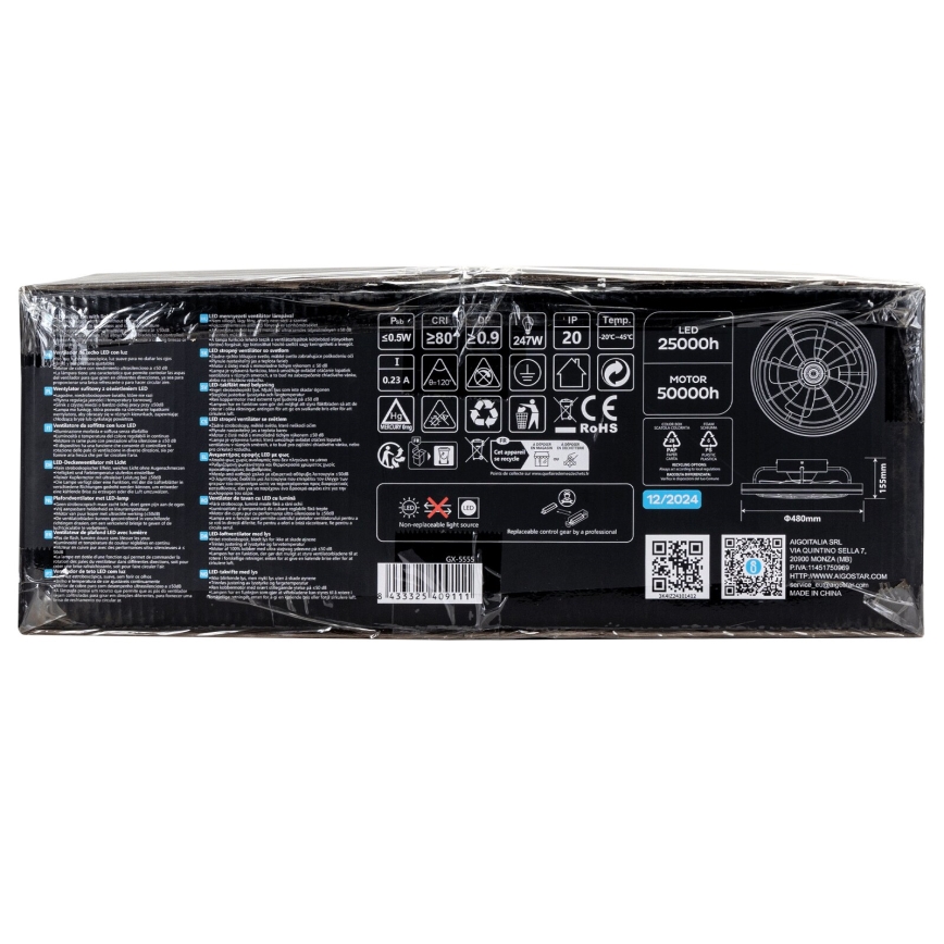 Aigostar - Ανεμιστήρας οροφής LED Dimmable LED/40W/230V 2700-6500K διάμετρος 48 cm + τηλεχειριστήριο μαύρο