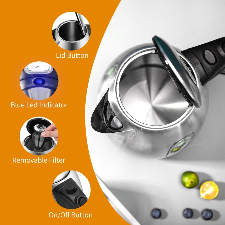 Aigostar - Βραστήρας 1,7 l 2200W/230V ματ χρώμιο/μαύρο