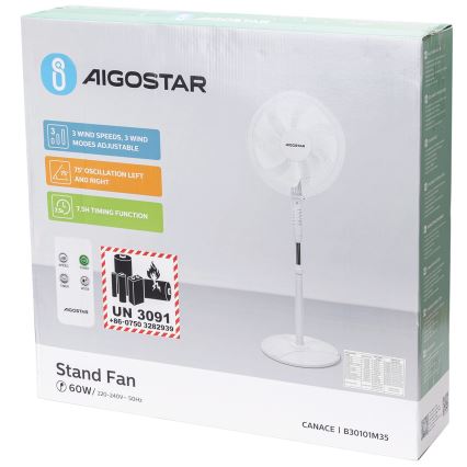 Aigostar - Βάση ανεμιστήρα 60W/230V λευκό + τηλεχειριστήριο