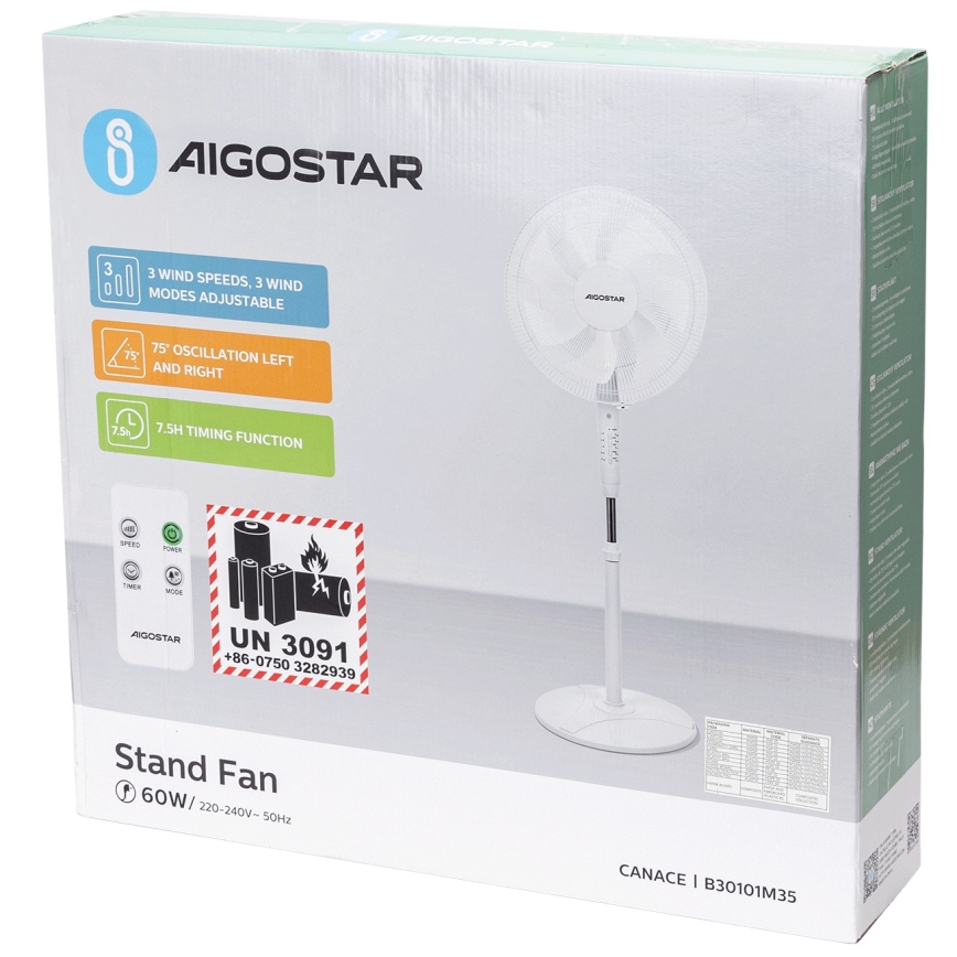 Aigostar - Βάση ανεμιστήρα 60W/230V λευκό + τηλεχειριστήριο