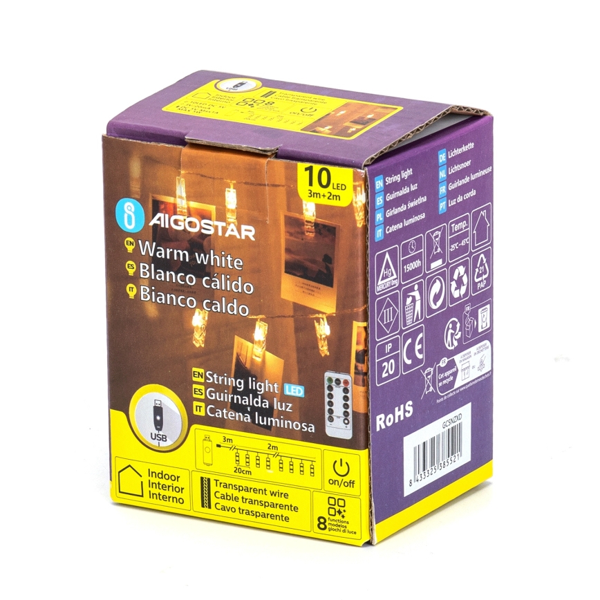 Aigostar - Διακοσμητική γιρλάντα LED 10xLED/5W/USB 5 m θερμό λευκό