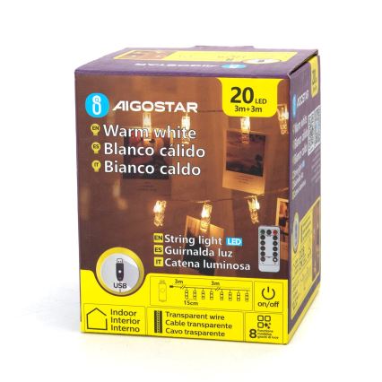 Aigostar - Διακοσμητική γιρλάντα LED 20xLED/5W/USB 6 m σε ζεστό λευκό