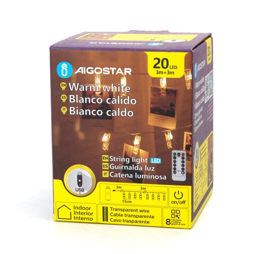 Aigostar - Διακοσμητική γιρλάντα LED 20xLED/5W/USB 6 m σε ζεστό λευκό