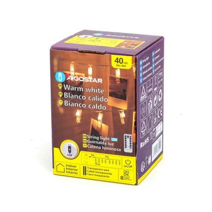 Aigostar - Διακοσμητική γιρλάντα LED 40xLED/5W/USB 9 m θερμό λευκό