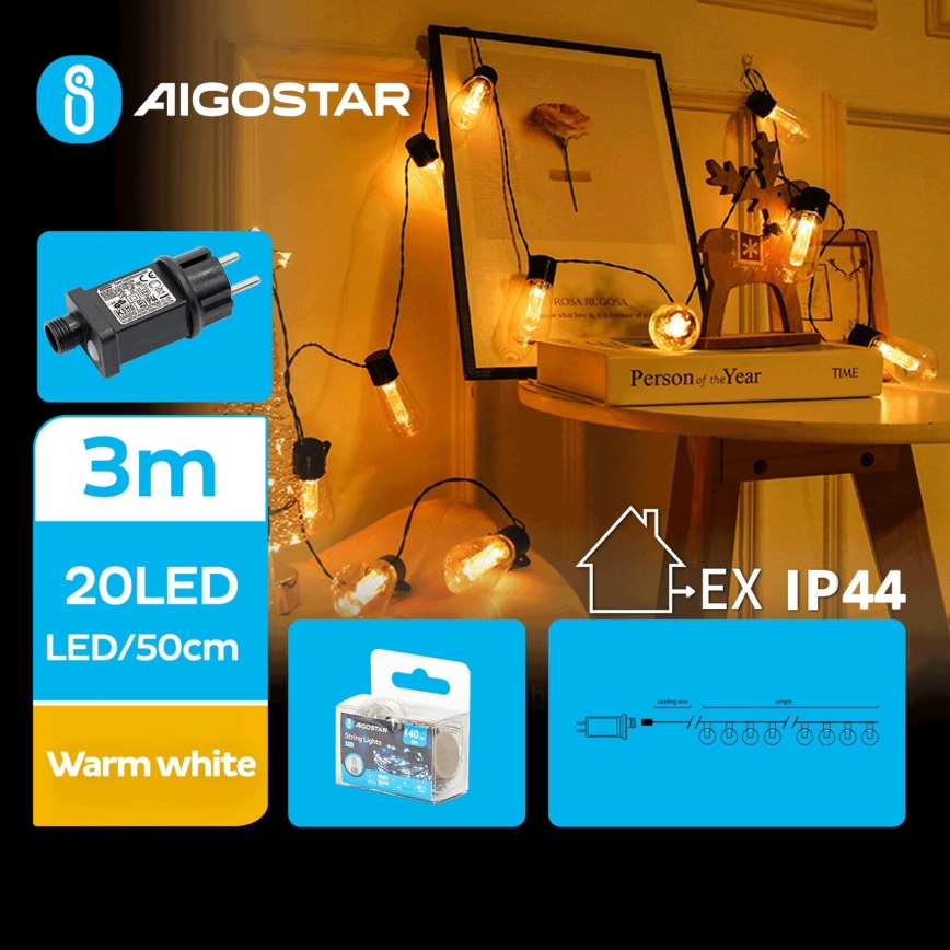Aigostar - Διακοσμητική γιρλάντα LED εξωτερικού χώρου 20xLED/3m IP44 θερμό λευκό