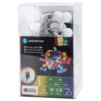 Aigostar - Διακοσμητική γιρλάντα LED εξωτερικού χώρου 50xLED/8 λειτουργίες 5 m IP44 πολύχρωμη