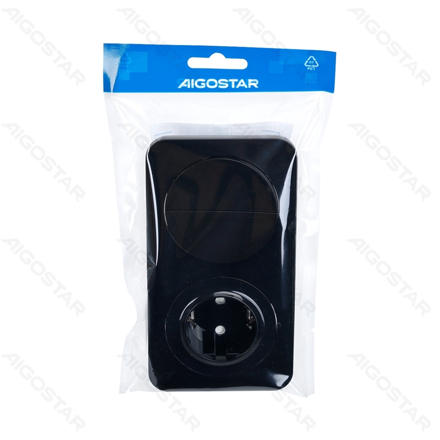 Aigostar - Διπλός διακόπτης αρ. 5 και πρίζα SCHUKO 230V με μαύρο πλαίσιο