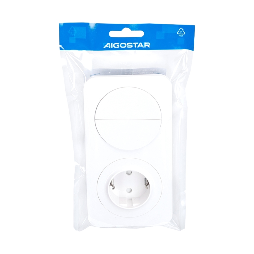 Aigostar - Διπλός διακόπτης αρ. 5 με πρίζα SCHUKO 230V και λευκό πλαίσιο