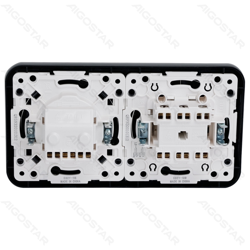 Aigostar - Διπλός διακόπτης αρ. 6+6 και πρίζα SCHUKO 230 με μαύρο πλαίσιο