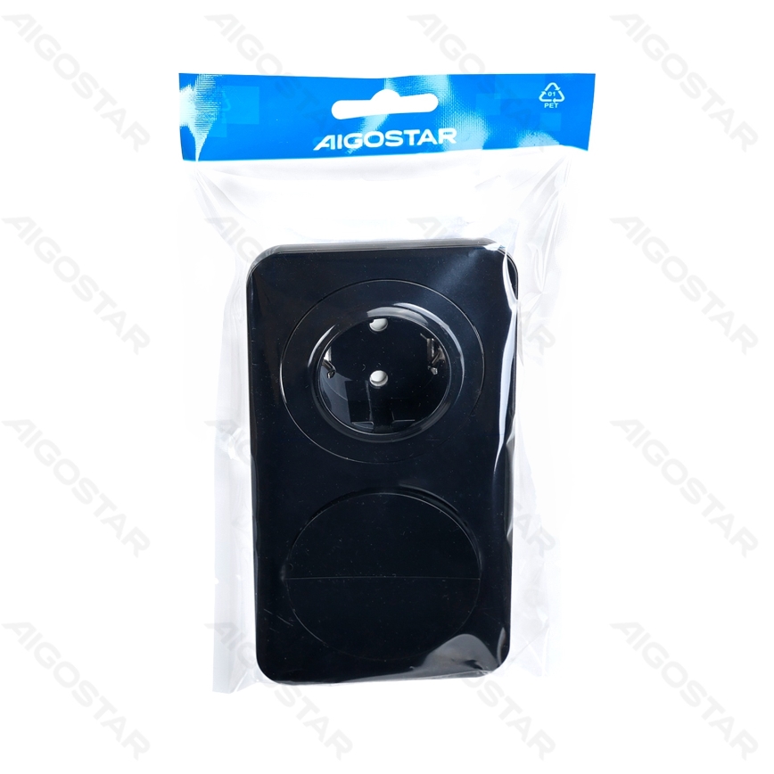 Aigostar - Διπλός διακόπτης αρ. 6+6 και πρίζα SCHUKO 230 με μαύρο πλαίσιο