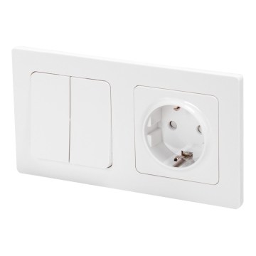 Aigostar - Διπλός διακόπτης αρ. 6 + 6 και πρίζα SCHUKO 250V με λευκό πλαίσιο