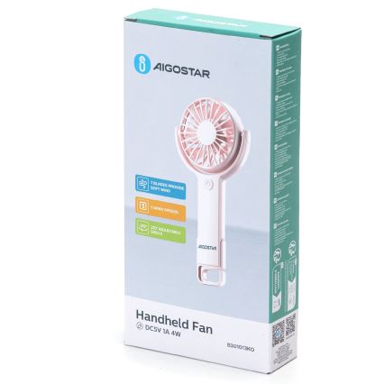 Aigostar - Επαναφορτιζόμενος ανεμιστήρας χειρός 4,5W/3,7V 1200mAh USB ροζ