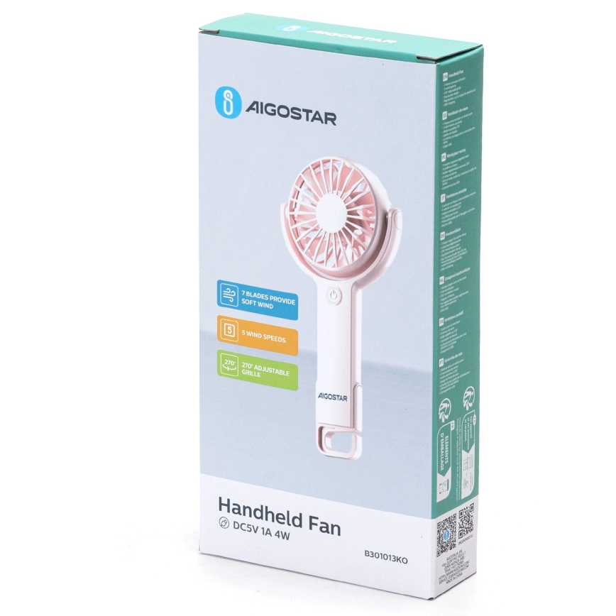 Aigostar - Επαναφορτιζόμενος ανεμιστήρας χειρός 4,5W/3,7V 1200mAh USB ροζ