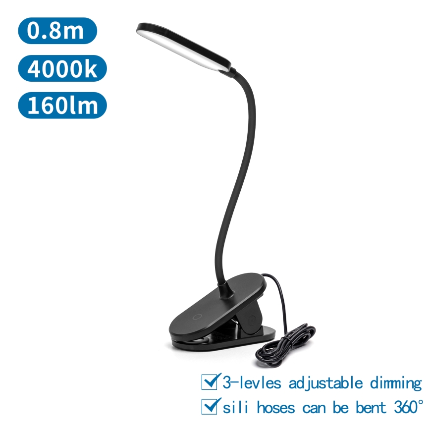 Aigostar - Επιτραπέζια λάμπα dimming LED με κλιπ LED/2,5W/5V μαύρο