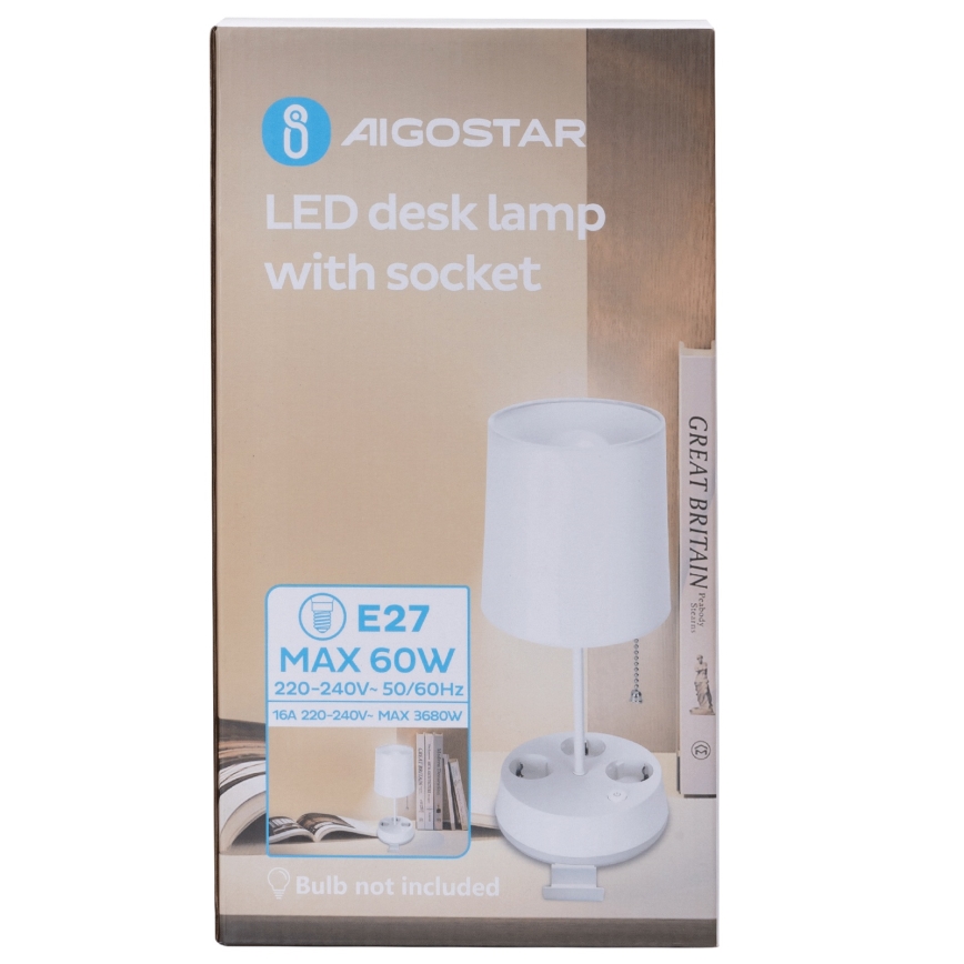Aigostar - Επιτραπέζιο φωτιστικό με πρίζες 1xE27/60W/230V λευκό