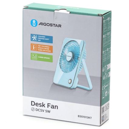 Aigostar - Επιτραπέζιος επαναφορτιζόμενος ανεμιστήρας 5W/5V 3600mAh USB μπλε