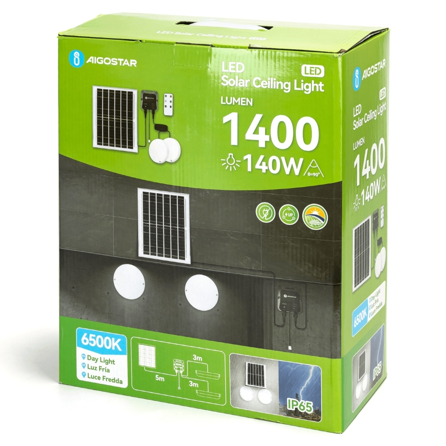 Aigostar - Ηλιακό φωτιστικό LED 2xLED/70W/12V 12000 mAh 6500K διάμετρος 20,5 cm + τηλεχειριστήριο