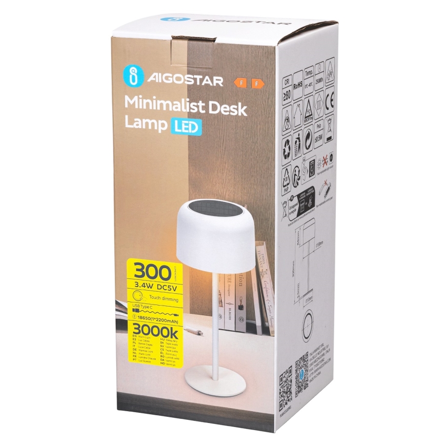 Aigostar - Ηλιακό φωτιστικό LED dimmable επαναφορτιζόμενο LED / 3W / 5V 2200mAh λευκό IP54
